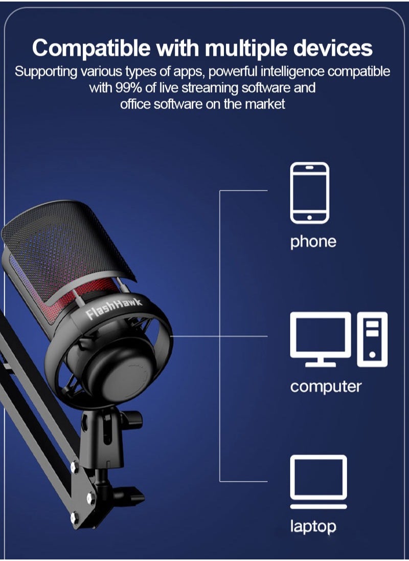 FlashHawk - PC Gaming Microphone | Condenser Microphone for Podcasting with Boom Arm, Pop Filter, and Mute Button for Streaming, RGB Gaming Microphone | Suitable for PS4/5 PC Gamer Youtuber - Image 1
