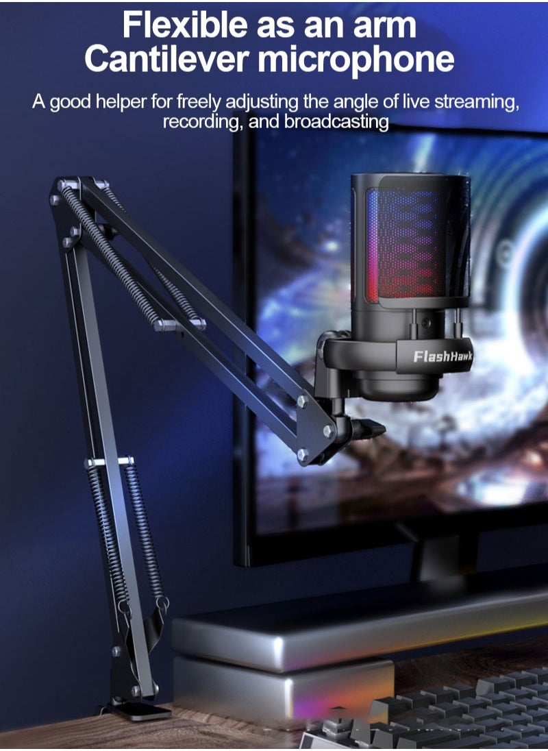 FlashHawk - PC Gaming Microphone | Condenser Microphone for Podcasting with Boom Arm, Pop Filter, and Mute Button for Streaming, RGB Gaming Microphone | Suitable for PS4/5 PC Gamer Youtuber - Image 1