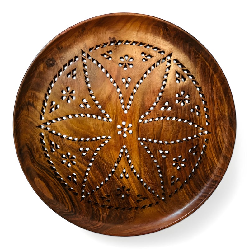 MarvelStore Handcrafted Sheesham Wood Roti/Chapati/Bhakri Plate with Intricate Perforated Floral Design | Durable Kitchen Tool for Roti,Puri | Smooth Finish,Traditional Aesthetic(Serving Plate Large) - Image 1