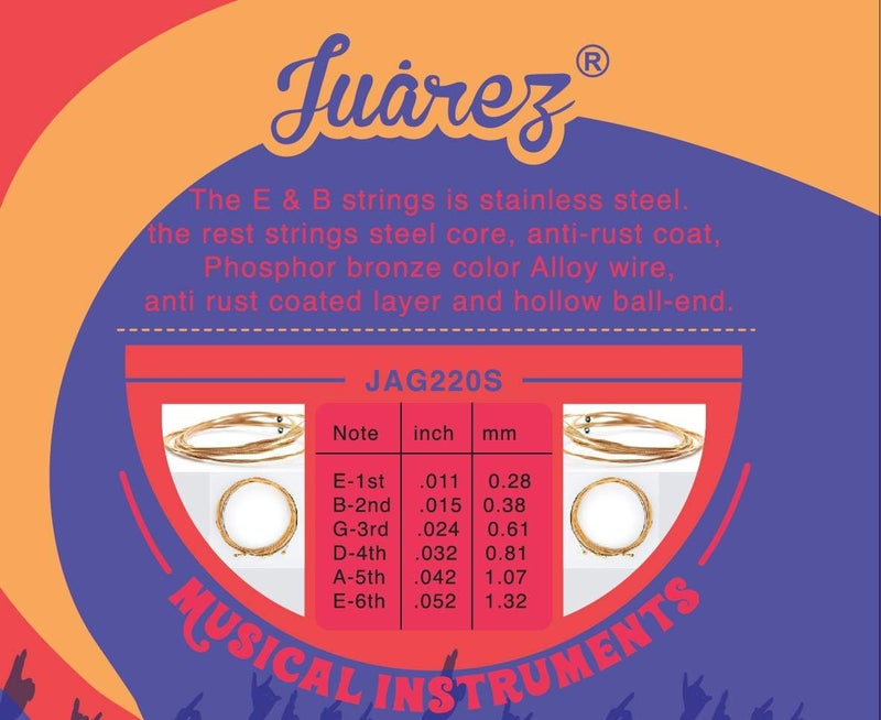 Juarez 7-Piece Phosphor Bronze Acoustic Guitar Strings Set – Extra Light Gauge, Stainless Steel E & B, Steel Core, Anti-Rust Coated, Ball-End (E-1st x 2, B-G-D-A-E x 1 Each) - Image 4