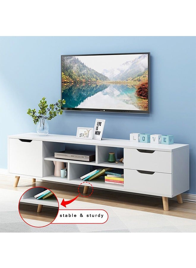  CityRiya-Long طاولة تلفزيون، حامل تلفزيون، خزانة تلفزيون بيضاء، وحدة تلفزيون كبيرة حديثة، حامل تخزين الوسائط، طاولة وحدة تحكم مع تخزين و3 أدراج، طاولة مركز ترفيه خشبي، طاولة تلفزيون لغرفة المعيشة، 140*30*38 سم - Image 3
