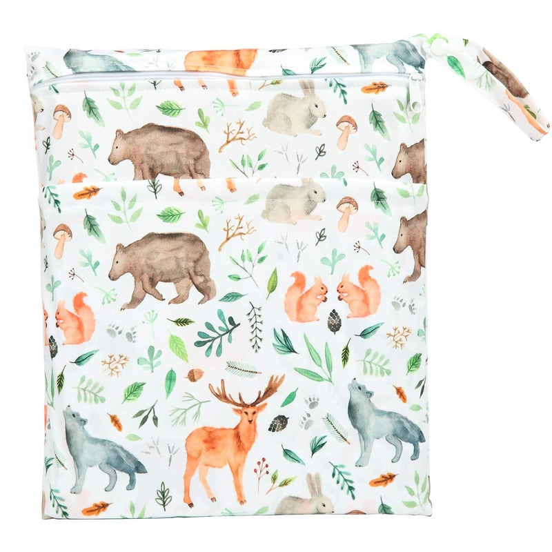 Sigzagor Wet Dry Bag Baby Cloth Diaper NappyReusable Washable With Two Zippered Pockets (Watercolour Animals) - Image 1
