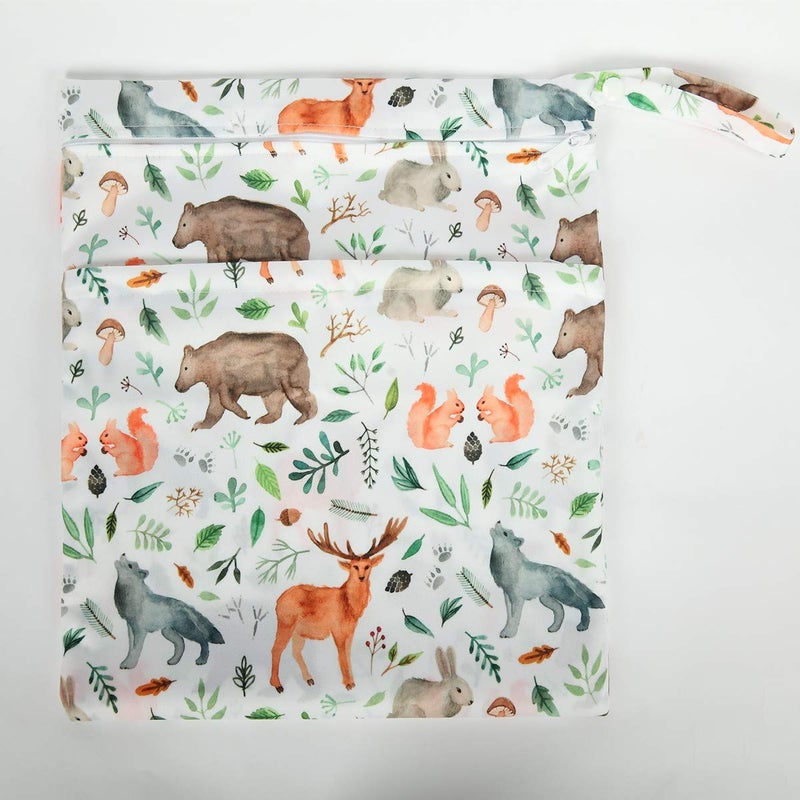 Sigzagor Wet Dry Bag Baby Cloth Diaper NappyReusable Washable With Two Zippered Pockets (Watercolour Animals) - Image 4