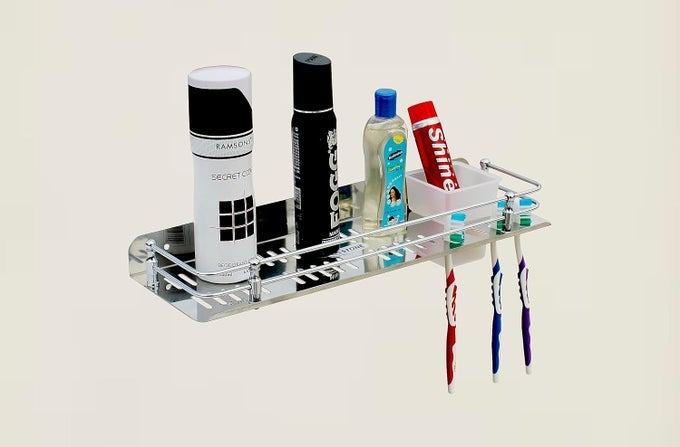 STAINLESS STEEL 3IN1 MULTIPURPOSE BATHROOM SHELFSHELVESBATHROOM RACK WITH TUMBLERTOOTHBRUSH HOLDER FOR BATHROOM ACCESSORIES 15X5 INCHES STYLIST