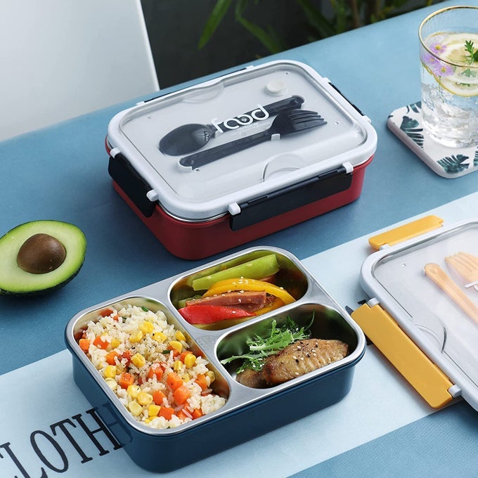 LEAK PROOF 3 COMPARTMENT STAINLESS STEEL LUNCH BOXES WITH REMOVABLE INNER PLATE REUSABLE FREEZER SAFE FOOD CONTAINERS FOR ADULTS AND KIDSMULTICOLOR 3 COMPARTMENT STAINLESS STEEL A7054