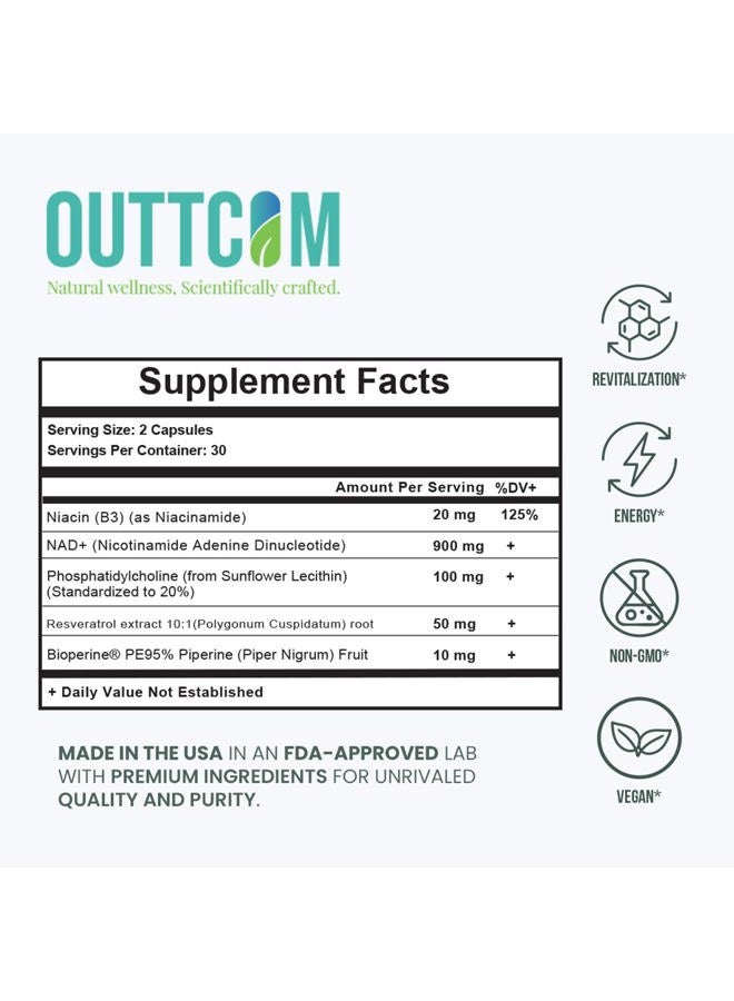 Outtcom NAD+ Supplement w/ Resveratrol, B12, Phosphatidylcholine & Bioperine – 900mg NAD+ Capsule, 60 Vegan, Non-GMO, Gluten-Free Capsules – Cellular Energy, Bioavailability, Liposomal NAD+ & NMN Alternative - Image 4