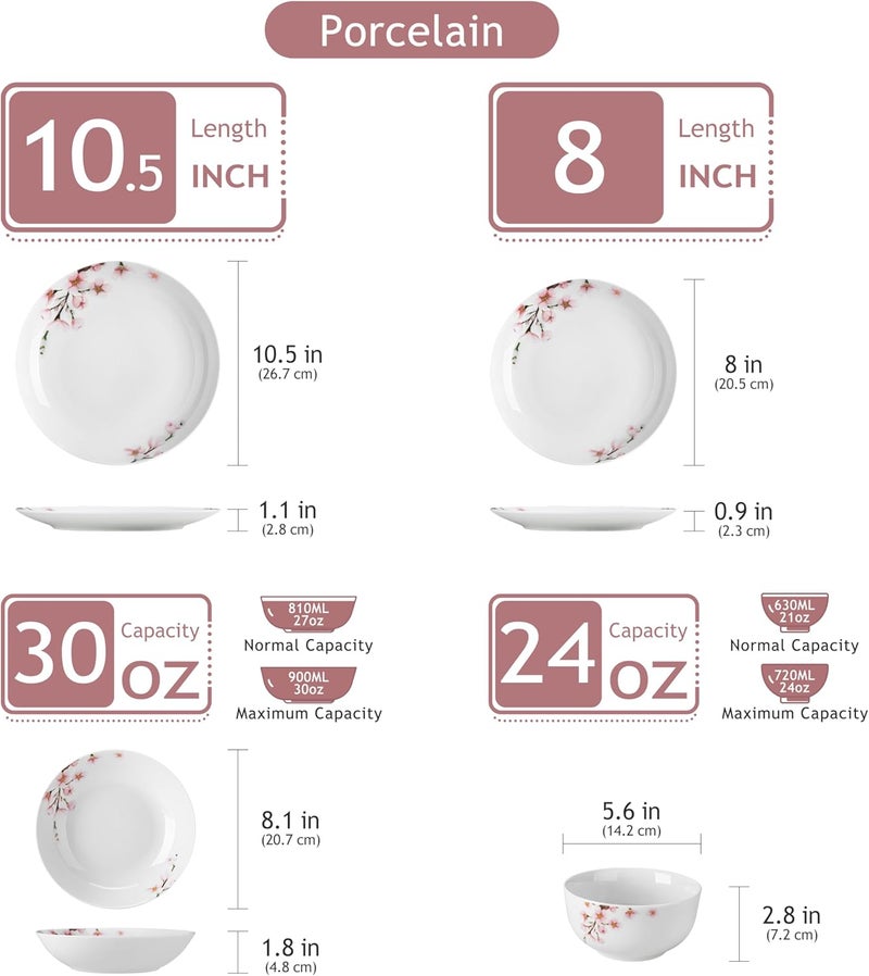 VEWEET Dinnerware Sets for 6 24 Pieces Porcelain Plates and Bowls Set with Pink Floral Classic Dishes Set Dining Ware for Dinner Microwave Dishwasher Safe Series ANNIE - Image 2