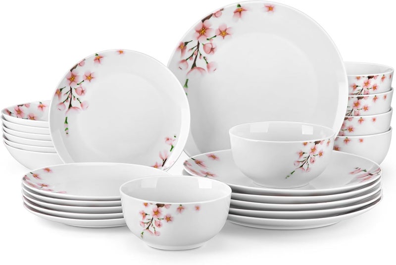 VEWEET Dinnerware Sets for 6 24 Pieces Porcelain Plates and Bowls Set with Pink Floral Classic Dishes Set Dining Ware for Dinner Microwave Dishwasher Safe Series ANNIE - Image 1