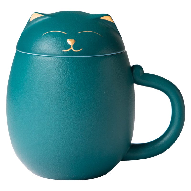 HEER Ceramic Tea Mug with Infuser and Lid Cute Cat Tea Cup with Filter for Steeping Loose Leaf Chinese Handmade Porcelain Teacup for Home Office Green