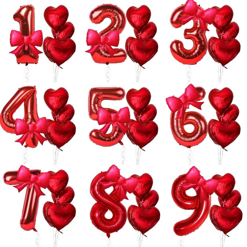 6 Heart Shaped Red Number Balloons Set 0 9 Matte Bow Birthday Party Decor - Image 2