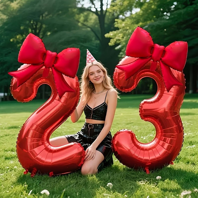 6 Heart Shaped Red Number Balloons Set 0 9 Matte Bow Birthday Party Decor - Image 4