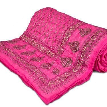 SIBLEY Jaipur Floral Design Cotton Single Bed Jaipuri Light Weight Razai Quilt - Pink and Gold - Image 2