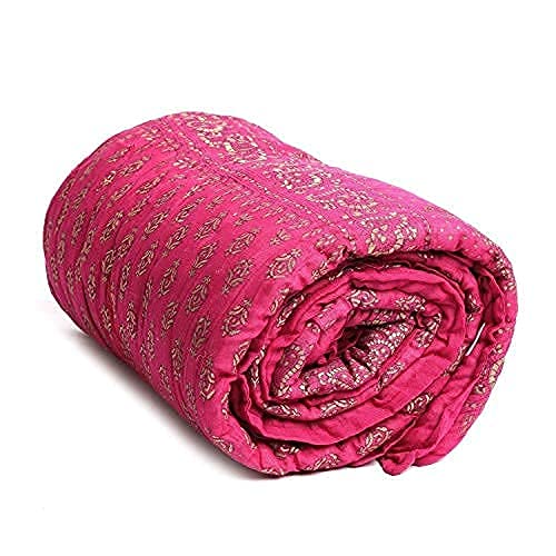 SIBLEY Jaipur Floral Design Cotton Single Bed Jaipuri Light Weight Razai Quilt - Pink and Gold - Image 1