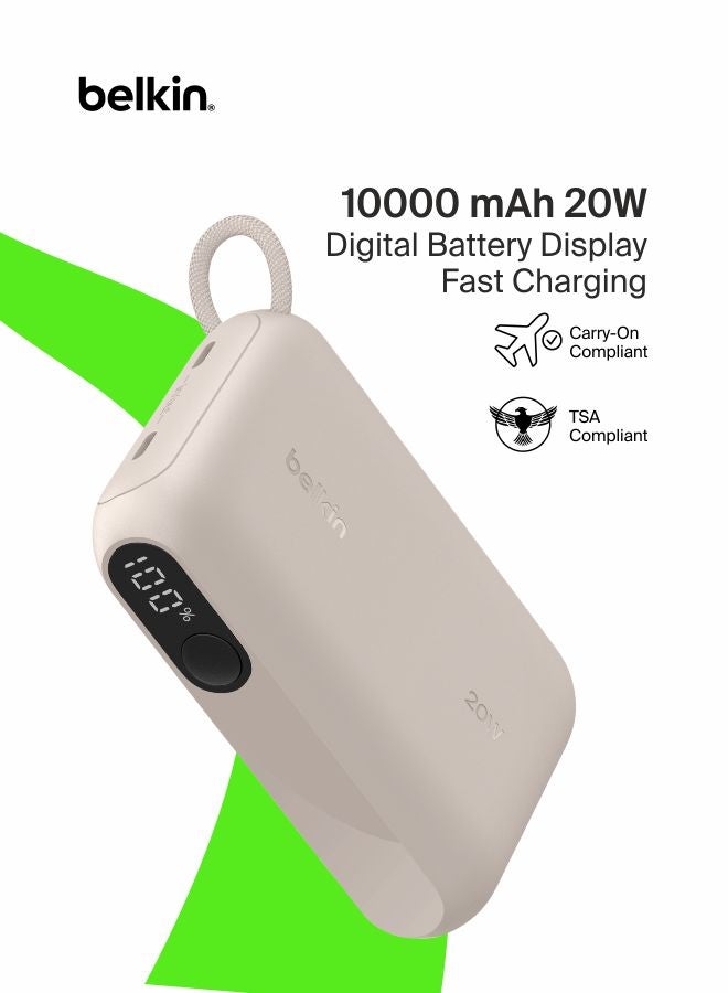 بيلكين شاحن محمول من Belkin، باور بانك نحيف بمنفذ USB-C سعة 10,000 مللي أمبير/ساعة مع USB-C، شاشة رقمية للبطارية، شحن بقدرة 20 واط لسلسلة iPhone 16 وiPhone 15 وSamsung Galaxy S25 وS24 وPixel 9 وiPad - رملي - Image 1