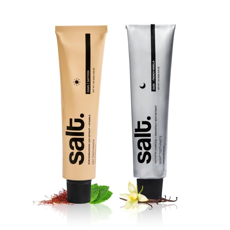 Salt. Oral Care Saffron Day & Dusk Night Duo Toothpaste Combo | Soothing Gums, Enamel Strengthening | Anti-Bacterial Formula | 100 g each - Image 1