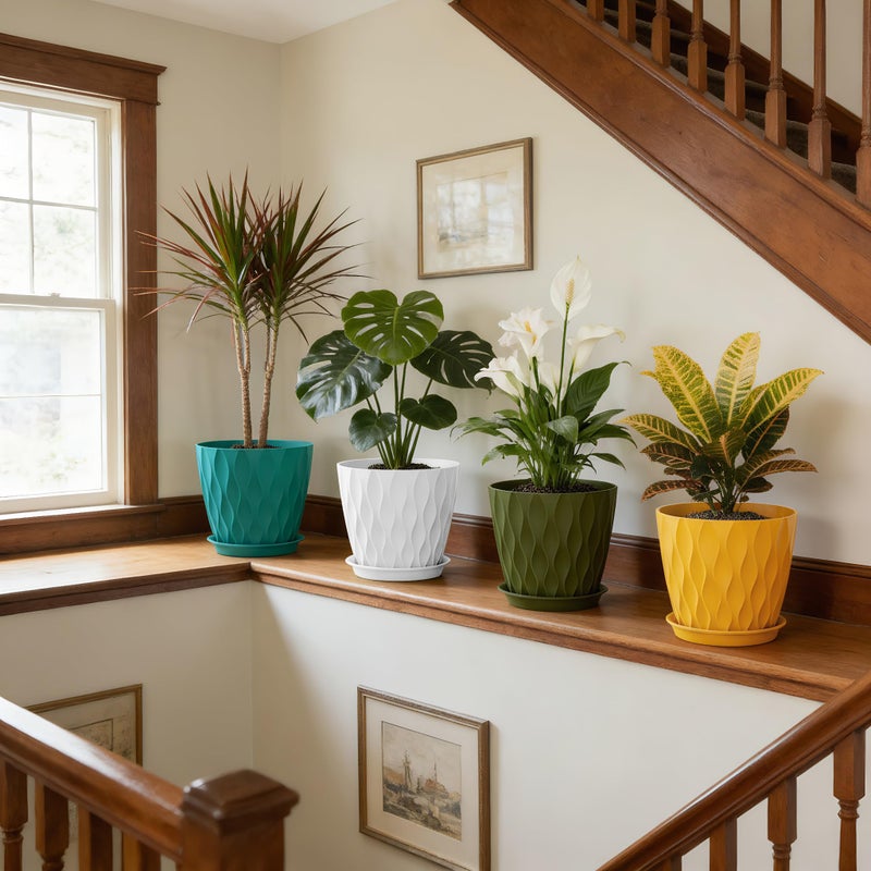 UOUZ 8 Inch Plant Pots, 4 Pack Plastic Planters for Indoor Outdoor with Drainage Holes & Saucers, Waffle Texture Flower Pots for Indoor Plants, Indoor Plant Pots for Monstera, Fiddle Leaf Fig Colorful - Image 5