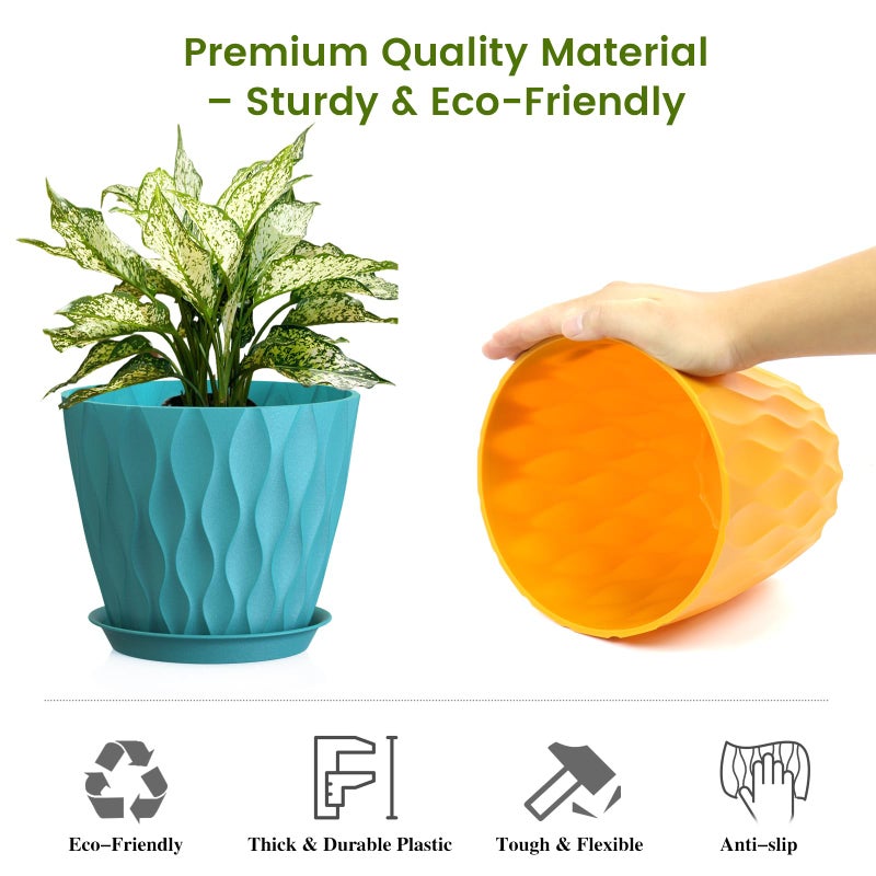 UOUZ 8 Inch Plant Pots, 4 Pack Plastic Planters for Indoor Outdoor with Drainage Holes & Saucers, Waffle Texture Flower Pots for Indoor Plants, Indoor Plant Pots for Monstera, Fiddle Leaf Fig Colorful - Image 4