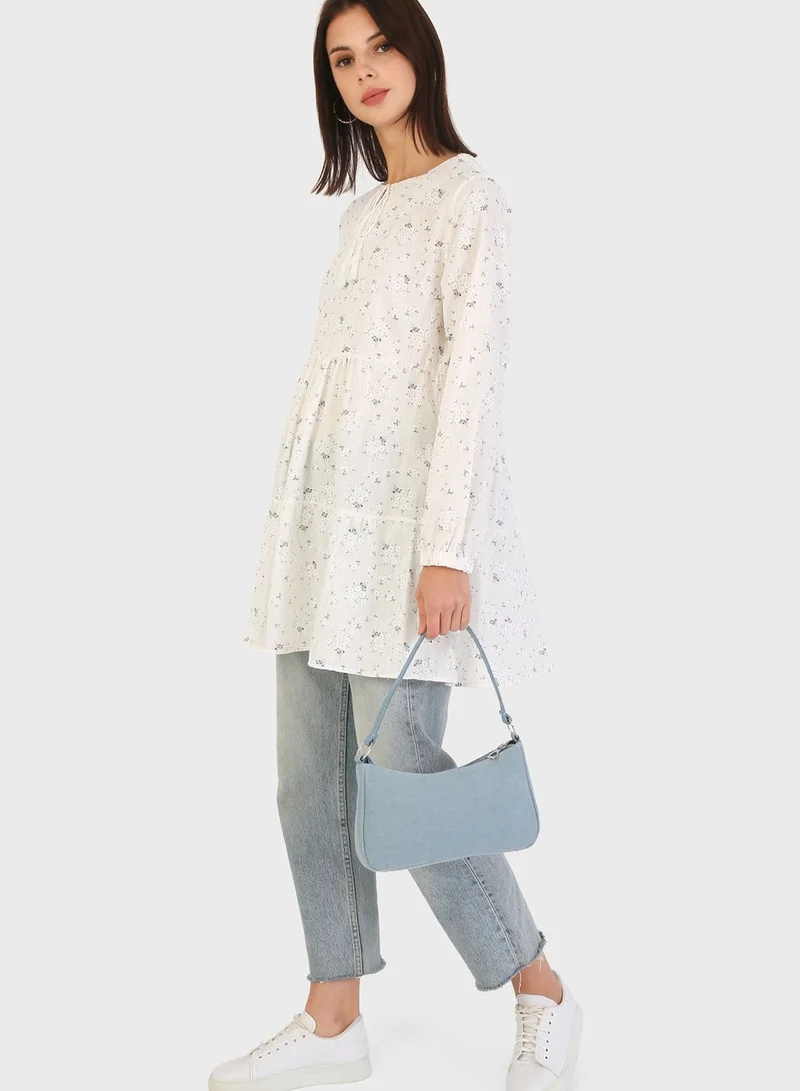 Benin by modanisa Crew Neck Floral Print Tunic