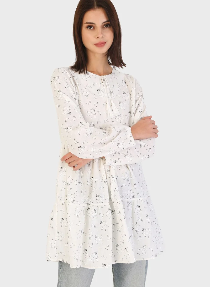 Benin by modanisa Crew Neck Floral Print Tunic