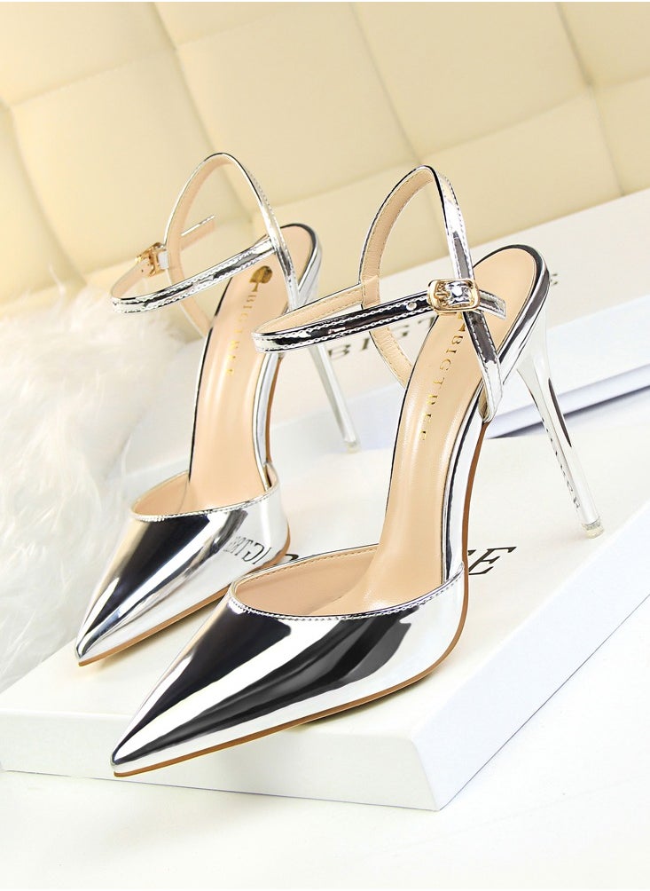 BIGTREE 10.5cm Thin Heels Ultra High Heels Shallow Mouth Sharp Toe Lacquer Leather Slim Slim One Line Women's High Heels Silver  - Image 1
