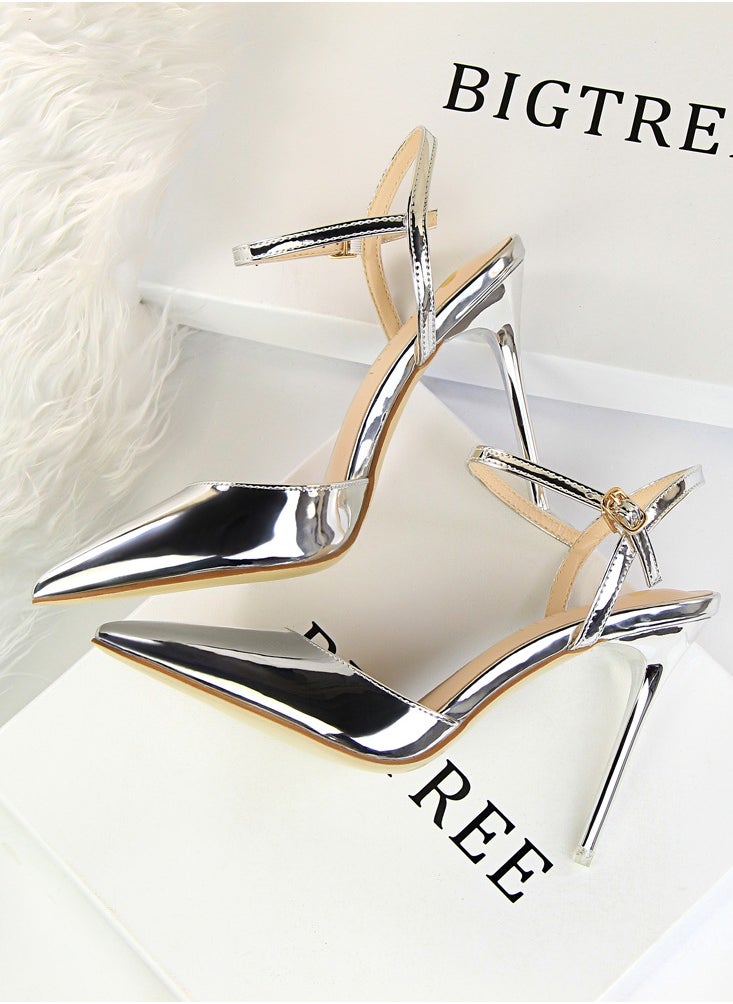 BIGTREE 10.5cm Thin Heels Ultra High Heels Shallow Mouth Sharp Toe Lacquer Leather Slim Slim One Line Women's High Heels Silver  - Image 2