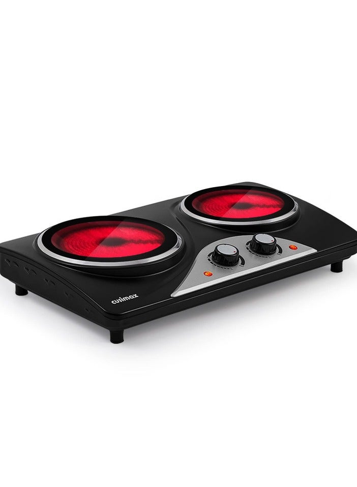 كوسيماكس لوحة ساخنة مزدوجة كهربائية ، لوحة تسخين السيراميك تحت الحمراء 1200W + 900W ، تسخين في ثواني ، التحكم في درجة الحرارة المزدوجة ، متوافقة مع جميع أدوات الطبخ - Image 1