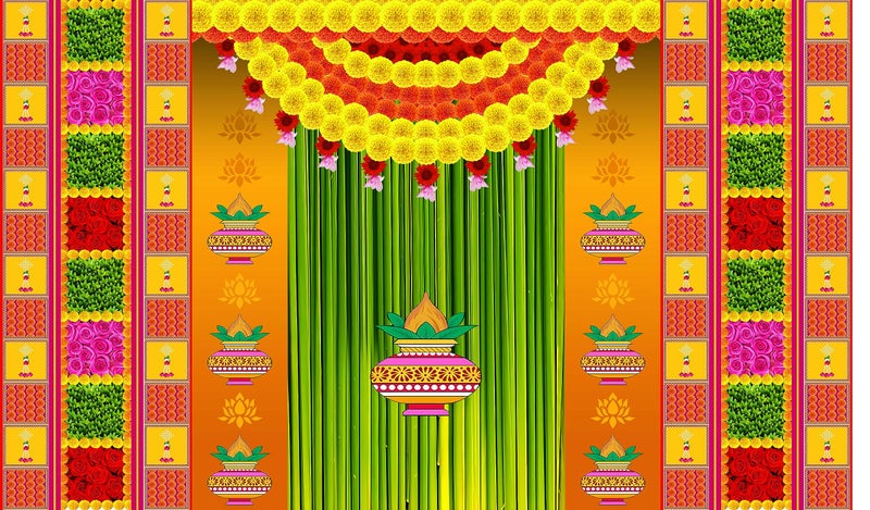 Backdropon Marigold and Rose Flower with Kalash Design Backdrop Cloth for Pooja Decoration Traditional/Background Curtain Cloth for Pooja/Festival Size 3 Feet Height and 5 Feet Width(3 * 5) - Image 4