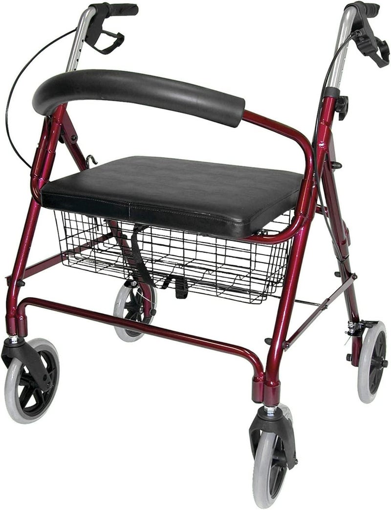 DMI Rollator Walker with Extra Wide Seat and Backrest FSA HSA Eligible Adjustable Handle Height Removable Storage Basket Burgundy