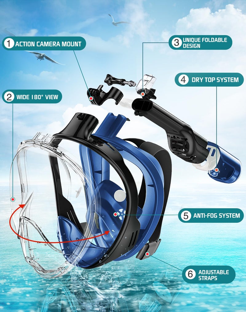 Greatever Full Face Snorkel Mask, Snorkeling Gear for Adults with Latest Dry Top Breathing System and Detachable Camera Mount, Snorkel Mask Adult, Snorkels Anti-Fog & Anti-Leak(Cerulean Blue, L/XL) - Image 2
