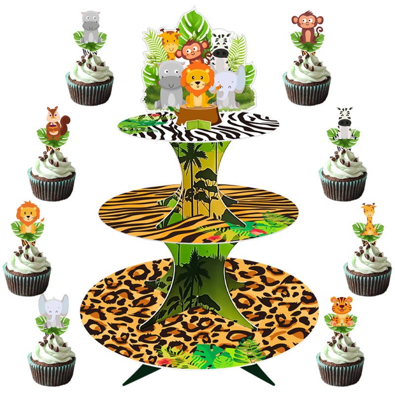 حامل كعك ثلاثي الطبقات لرحلة السفاري مع 24 قمة كعك حيوانات برية لحفلات عيد الميلاد وحفلات استقبال المواليد وزينة حفلات باللون الأخضر الحكيم