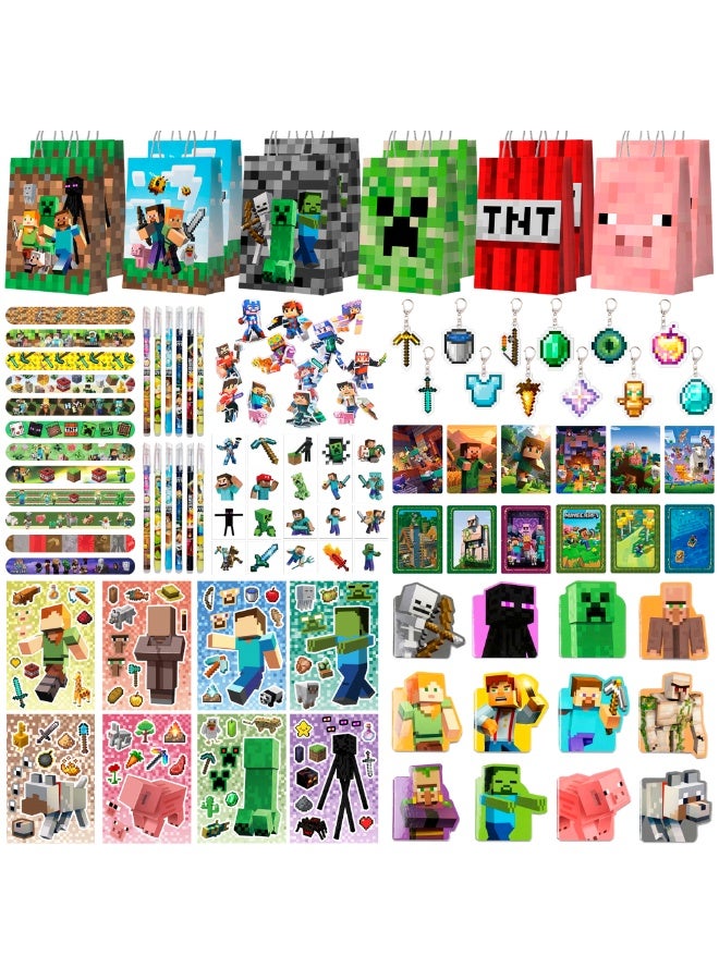 ILovhaprty 177 Pcs Minecraft Party Favor Set for 12 Guests – Block-Themed Gift Bundle with Gift Bags Mini Notebooks Slap Bands Pens Temporary Tattoos DIY Stickers LOMO Cards Keychains & 3D Puzzles, Perfect Kids Birthday Return Gifts for RMinecraft Party Decorations - Image 1