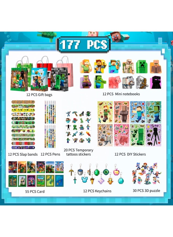 ILovhaprty 177 Pcs Minecraft Party Favor Set for 12 Guests – Block-Themed Gift Bundle with Gift Bags Mini Notebooks Slap Bands Pens Temporary Tattoos DIY Stickers LOMO Cards Keychains & 3D Puzzles, Perfect Kids Birthday Return Gifts for RMinecraft Party Decorations - Image 3