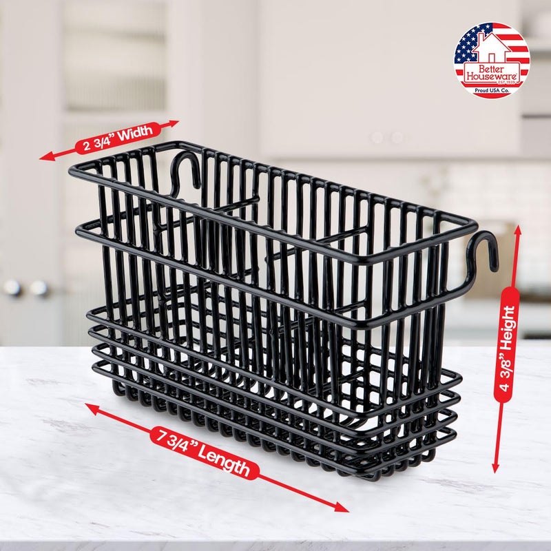 Better Houseware Utensil Drying Rack, Silverware Drying Basket with Hooks, 3-Compartment Steel Holder, Fits Most Dish Racks and Wall Grids, 2 x 8 x 4 Inch, Black - Image 3
