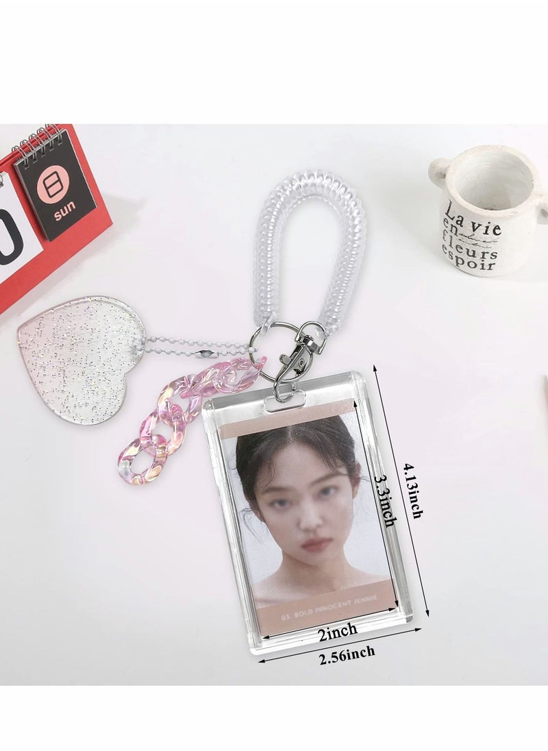 Y&D Acrylic Photocard Holders Keychain ID Badge Holder with Spiral Wrist Coil Transparent Card Waterproof Photo Protector for School Office Access Women Girls (Pink, 2Pcs)  - Image 2