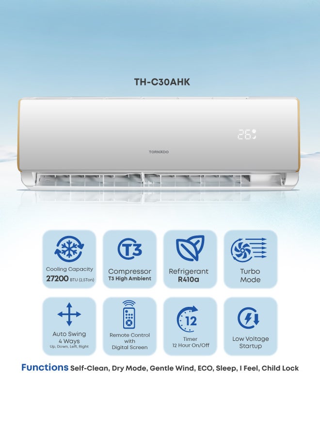TORNADO 2.5 Ton Cool Split Air Conditioner, 27200 BTU, T3 Compressor, white, R410 Refrigerant, Turbo Mode, Digital Display, Golden fin, 4 Ways Swing, TH-C30AHK - Image 4
