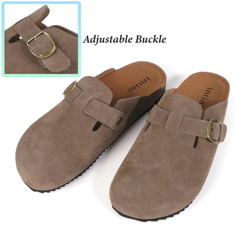 Intini Suede Clogs for Mens Womens Leather Clogs Adjustable Buckle Cork Footbed Home Slippers Sandals Brown - Image 5