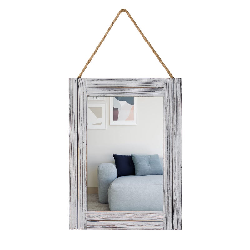 EMAISON 12 x 16 in Wall Decorative Mirror Rustic Wood Frame Rectangular Mirror with Hanging Rope for Entryway Bedroom Guest Bathroom Living Room Bedroom  Grey