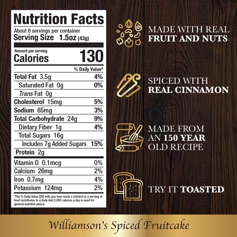 كيكة الفواكه المتبلة من ويليامسون، كعكة فواكه، مصنوعة حديثًا، وجبة خفيفة فاخرة، هدية غذائية مع فواكه ومكسرات ممتازة (12 أونصة) (1 قطعة) - Image 2