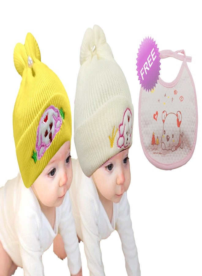 COOL INDIANS Combo of Baby Winter Warm Cap & Bibs | New Born Baby Kid's Hat | Cotton Bibs/Apron with Titch Button I Woolen Cap for Kid's Boy's & Girl's (0-3 Months, Beige Yellow) - Image 2