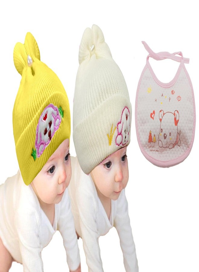 COOL INDIANS Combo of Baby Winter Warm Cap & Bibs | New Born Baby Kid's Hat | Cotton Bibs/Apron with Titch Button I Woolen Cap for Kid's Boy's & Girl's (0-3 Months, Beige Yellow) - Image 1
