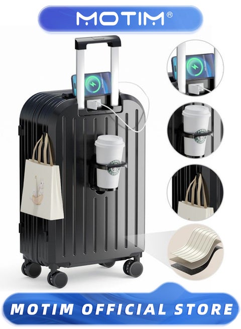 Travel Luggage Carry On Luggage with Spinner Wheels Aluminum Framed Carry On Suitcase with USB Port & Cup Holder & Phone Holder Large Checked-in Luggage