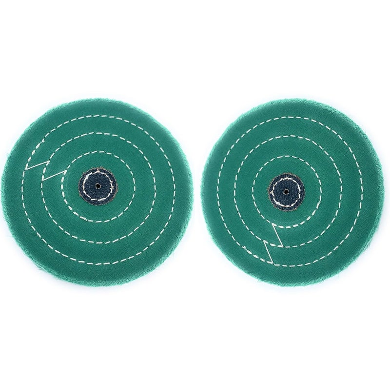 Aone Polishing Green Muslin Cloth Buff 6x50 Folds 2pcs Stitched Buffing Wheel with Leather Hub to Polish Buff Gold Silver Other Metals for Jewellery Watchmaking Hobby Craft for Bench Grinder - Image 1