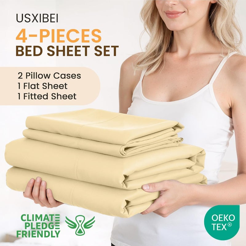 USXIBEI Queen Size 4 Piece Bed Sheet Set - Ultra Imitation Cotton-Premium Breathable & Cooling Sheets - Hotel Luxury Bed Sheets Deep Pocket up to 15"- Wrinkle, Fade, Stain Resistant (Beige, Queen) - Image 2