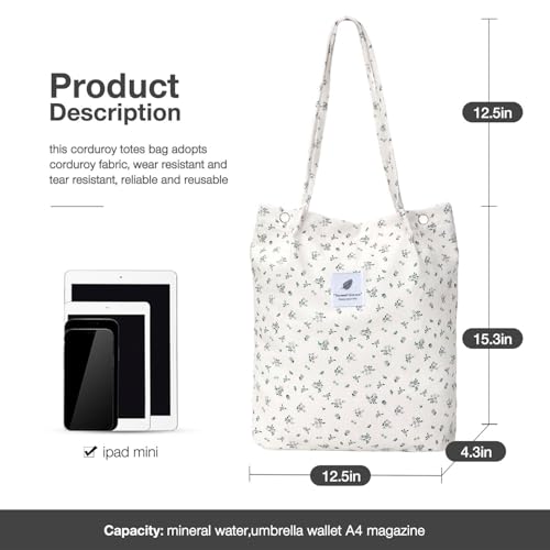 LHMTQVK Corduroy Tote Bags for Women, Large Capacity Corduroy Bag Reusable Grocery Shoulder Bag with Inner Pockets(Small Grey Flower) - Image 3