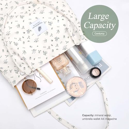 LHMTQVK Corduroy Tote Bags for Women, Large Capacity Corduroy Bag Reusable Grocery Shoulder Bag with Inner Pockets(Small Grey Flower) - Image 4