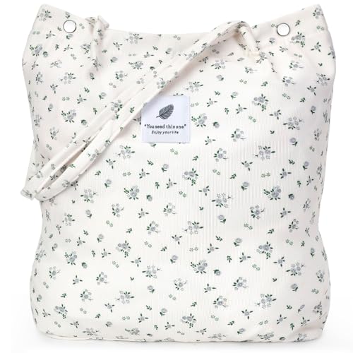 LHMTQVK Corduroy Tote Bags for Women, Large Capacity Corduroy Bag Reusable Grocery Shoulder Bag with Inner Pockets(Small Grey Flower) - Image 1