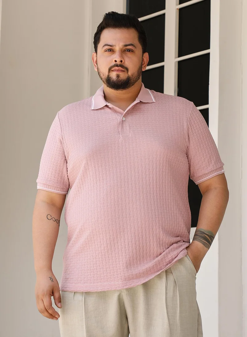 Instafab Plus Instafab Plus Men's Blush Pink Interweave-Textured Polo T-Shirt For Casual Wear | Polo Neck | Short Sleeves | Half-Button Closure | Plus Size T-Shirt Crafted With Comfort Fit For Everyday Wear