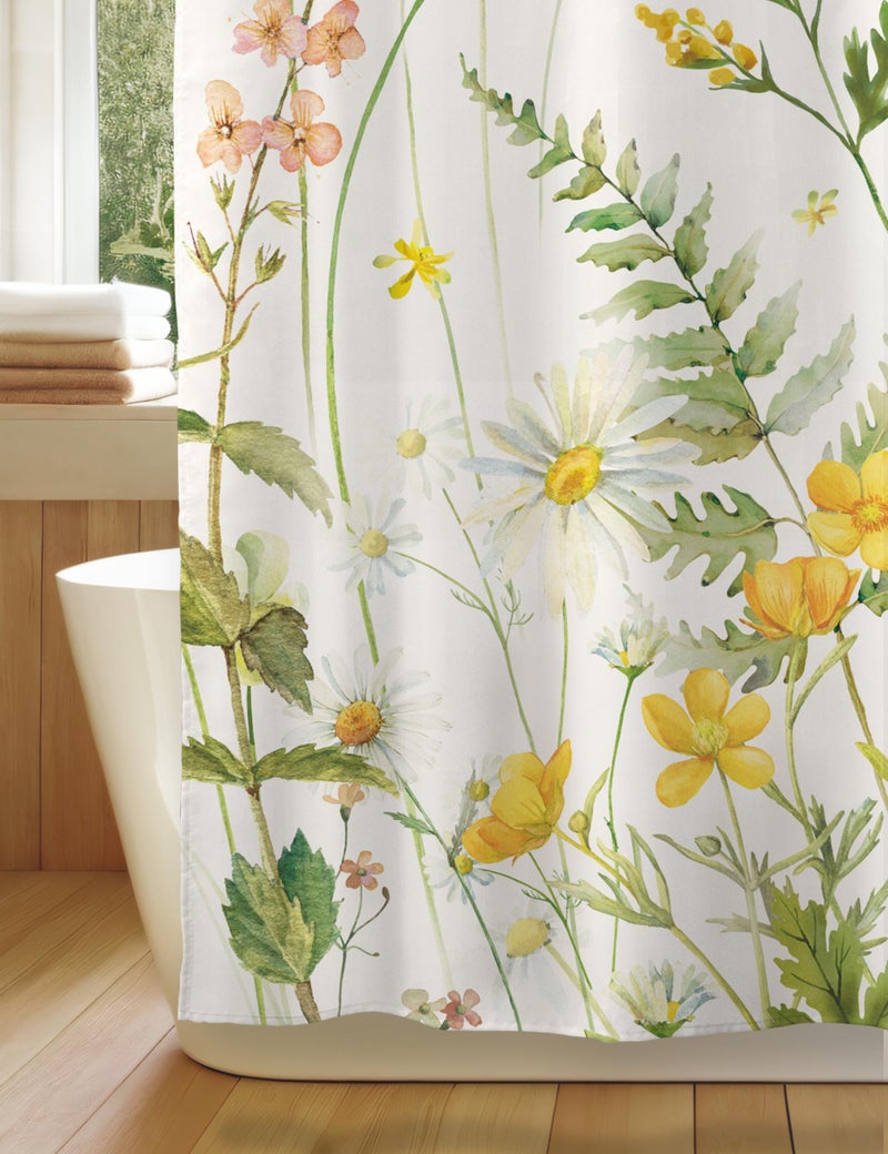 SUMGAR Floral Shower Curtains for Bathroom Yellow Green Blooming Flowers Shower Curtain Polyester Fabric Waterproof Washable Shower Curtain Sets for Bath Decor with 12 Hooks, 72 x 72 Inch - Image 4