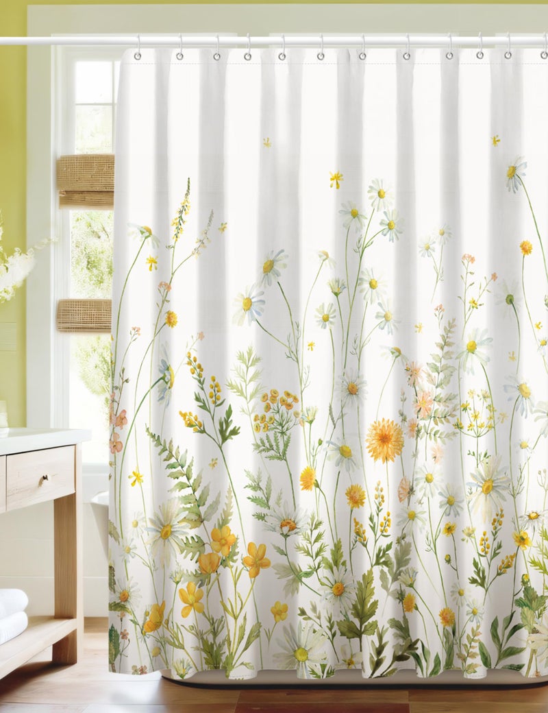 SUMGAR Floral Shower Curtains for Bathroom Yellow Green Blooming Flowers Shower Curtain Polyester Fabric Waterproof Washable Shower Curtain Sets for Bath Decor with 12 Hooks, 72 x 72 Inch - Image 2