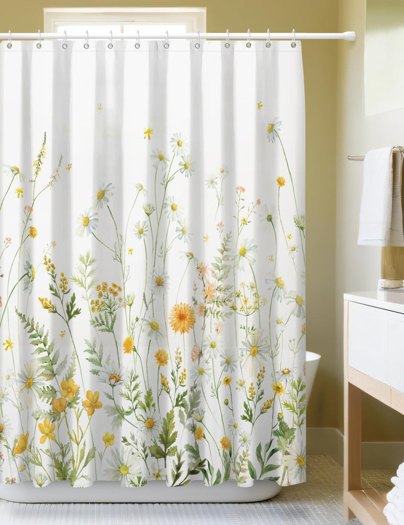 SUMGAR Floral Shower Curtains for Bathroom Yellow Green Blooming Flowers Shower Curtain Polyester Fabric Waterproof Washable Shower Curtain Sets for Bath Decor with 12 Hooks, 72 x 72 Inch - Image 1